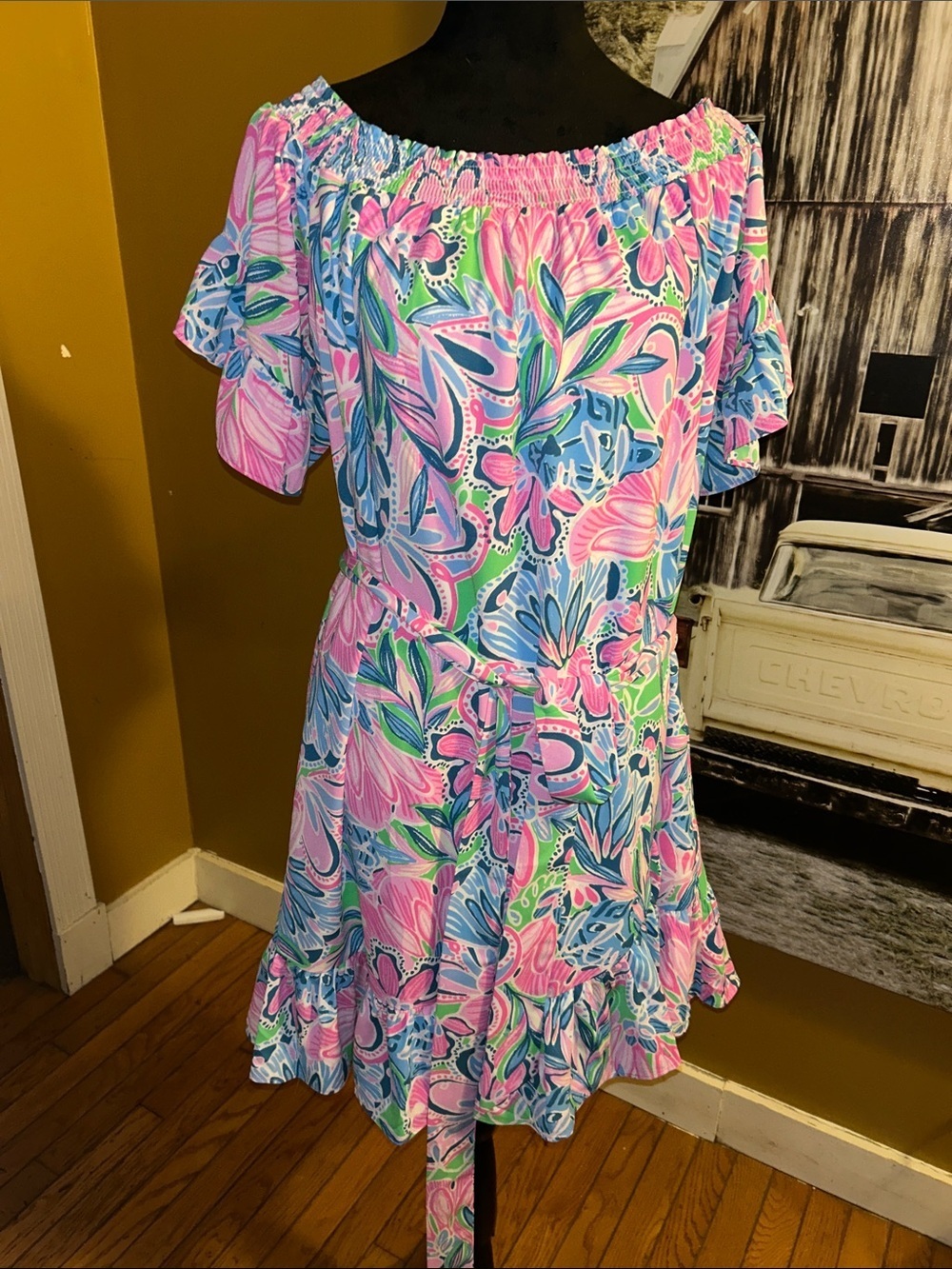 NWT Lily Pulitzer Off-Shoulder Floral Summer Dress in Pink, Blue & Green